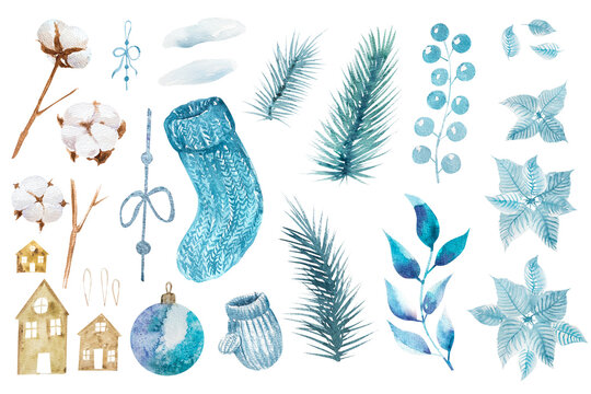 New Year's set of watercolor illustrations with cloak, Christmas tree, knitted toys and toys houses blue branches and poinsettia of blue shade. Hand drawing in watercolor