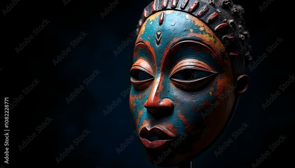 African mask painted in bold colors, isolated on a black background ...