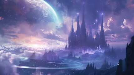 Wall Mural - a fantasy city in the clouds with a planet in the background.