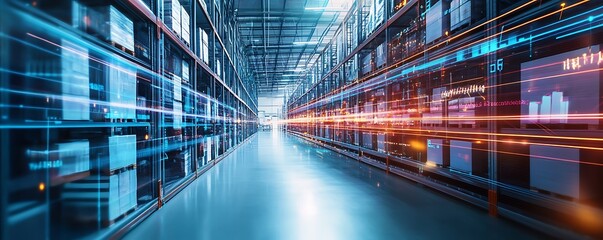 Poster - A futuristic warehouse with digital data flow, symbolizing technology and efficiency.