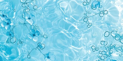 Poster - Tranquil Blue Water Surface with Floating Flowers and Bubbles Creating a Serene Underwater Atmosphere for Relaxation and Peaceful Moments
