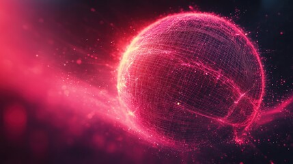 Wall Mural - Red glowing sphere with a mesh pattern, surrounded by a glowing pink nebula-like background.