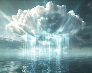 Poster - surreal cloudscape of hovering servers and beams of light in digital ocean
