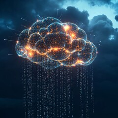 Poster - glowing digital brain floating amid stormy clouds symbolizing cloud and computing