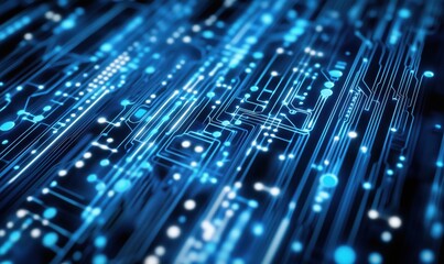 Poster - Abstract blue circuit board design, glowing lines and nodes, digital technology background, futuristic aesthetic