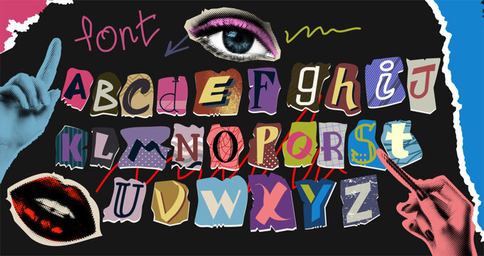 Font of paper. Alphabet from newspaper pieces. Uppercase letters. Collage cut art news magazine. Vintage clipping. Halftone hand. Newsprint lips and eyes. Sticker typography. Vector text icons set