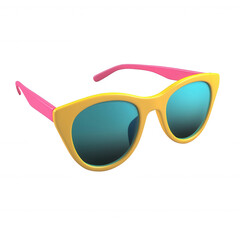 Colorful retro sunglasses with blue lenses and a stylish design for summer trends, isolated on a transparent background.	