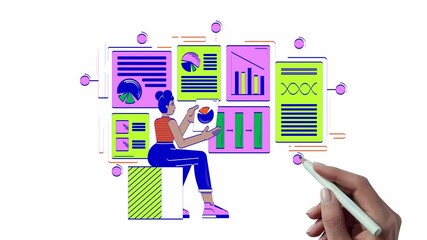 Poster - Data-driven product management hand drawn whiteboard animation. Business analyst with charts 4K video. Project manager african american woman animated doodle handdrawn concept pencil drawing