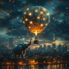 Wall Mural - An elephant watches a hot air balloon with stars as it rises above a city skyline.