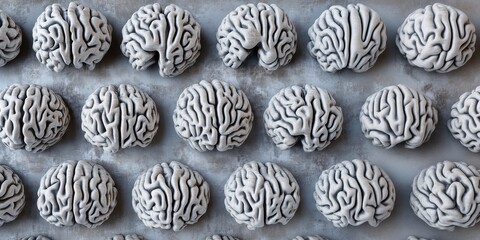 Poster - Brain models arranged in grid pattern, showcasing intricate details and textures. Multiple brain sculptures displayed on textured surface.