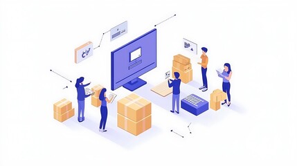 Poster - A digital workspace illustrating e-commerce and logistics with people interacting and packaging.