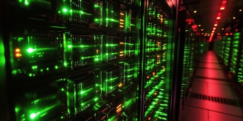 Poster - Data center with illuminated servers, vibrant green and red lights, showcasing advanced technology and infrastructure