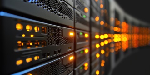 Poster - Data center servers with illuminated indicators, showcasing technology and connectivity, rows of servers with orange lights, modern infrastructure