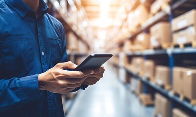 Poster - A person using a smartphone in a warehouse filled with cardboard boxes.