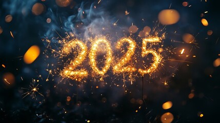 Wall Mural - happy new year sparkling fireworks forming number 2025 on dark background with glowing particles
