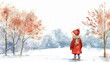 © Palette_Dreams - Watercolor, cute baby girl in coat and scarf standing outside near trees on a snowy day