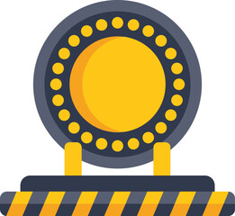 Poster - illustration featuring an industrial machine with a round shape and warning stripes, symbolizing man