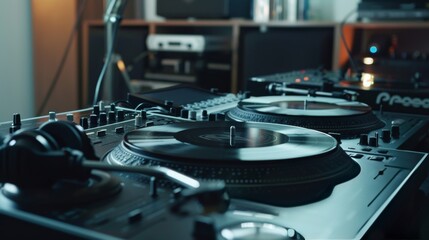 Aufkleber - A clean DJ setup in a modern music studio, Turntables and mixers precisely placed, Contemporary sleek style