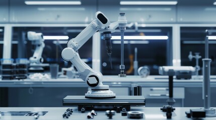 Poster - A clean robotics assembly setup in a tech lab, Robot parts and tools precisely placed, Futuristic minimalist style