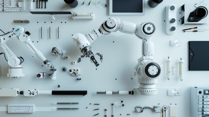 Poster - A clean robotics assembly setup in a tech lab, Robot parts and tools precisely placed, Futuristic minimalist style