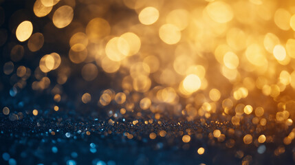 Poster - A mesmerizing close-up of shimmering golden and blue bokeh lights creating a dreamy atmosphere during a celebration at night