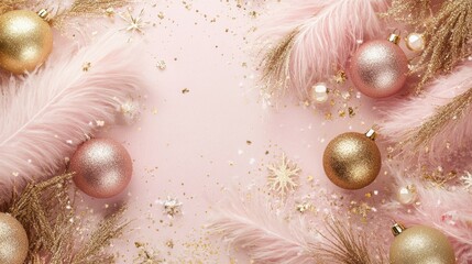 Wall Mural - Luxury pastel pink and gold christmas new year background with festive decorations and elegant ostrich feathers, creating a glamorous and sophisticated holiday