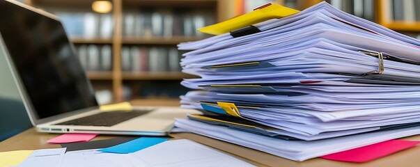 Poster - A cluttered workspace featuring a laptop and a stack of paperwork.