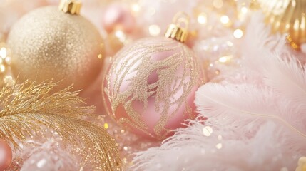 Wall Mural - Luxury pastel pink and gold christmas new year background with festive decorations and elegant ostrich feathers, creating a glamorous and sophisticated holiday
