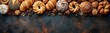 © kramynina - Many different types of breads hanging on a wall, bakery, food background, banner, copy space