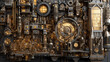 © Thiago - An intricate steampunk diorama of a city powered entirely by interconnected gears and clock mechanisms. Steampunk. Illustration