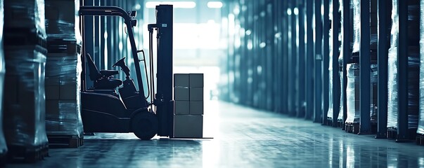 Poster - A forklift in a warehouse, surrounded by stacked boxes and shelves, emphasizing industrial storage.