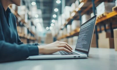  - A person coding on a laptop in a warehouse setting.