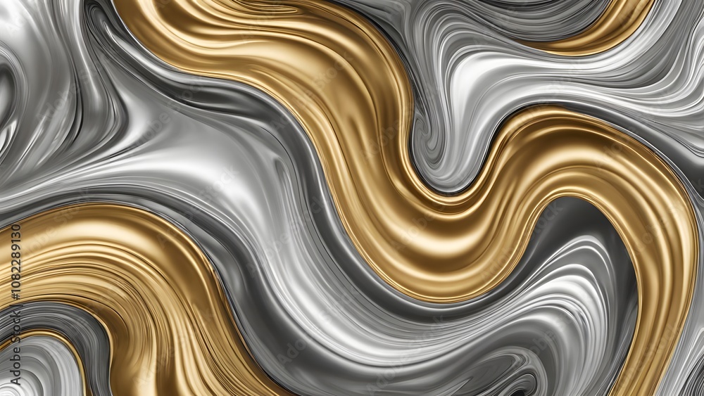 Fluid metallic swirl in liquid gold and silver blending into each other ...