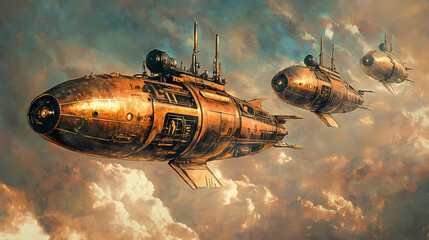 Wall Mural - Futuristic submarines powered by steam engines steampunk style painting. digital art painting, fantasy art, wallpaper. generative ai. Steampunk. Illustration