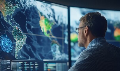 Poster - Data analysis with advanced technology, man observing global maps and data visualizations on multiple screens, focused on information interpretation