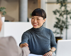 Wall Mural - business meeting businesswoman teamwork woman handshake agreement deal hand shake shaking man congratulating colleague group contract seminar conference work office