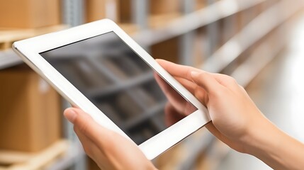 Poster - A person holding a tablet in a warehouse setting, likely for inventory management.