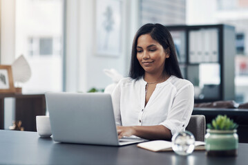 Poster - Office, content writer and woman with laptop for typing article, trending topic and proofreading online. Workplace, female person and journalist with smile for business blog, news story and editing