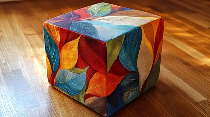 A colorful cube with leaves painted on it sits on a wood floor.