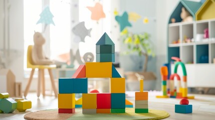 Poster - A creative block-building setup in a bright playroom, Colorful building blocks arranged artistically, Contemporary playful style