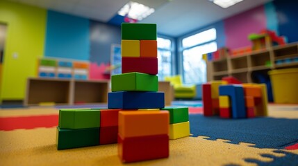 Aufkleber - A creative block-building setup in a colorful playroom, Building blocks arranged in playful stacks, Contemporary educational style