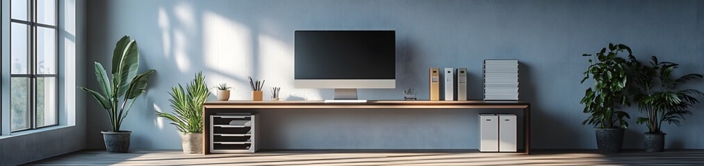 Poster - Modern workspace featuring a computer, plants, and organized storage.