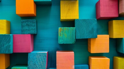 Poster - A creative composition featuring a playful block-building scene, Colorful blocks meticulously arranged, Contemporary artistic style