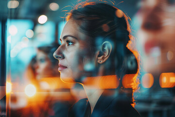 Poster - a double exposure illustration of a specialist worker against a background of urban lights generativ