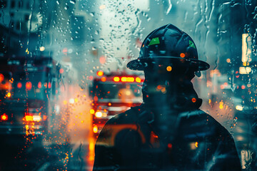 Poster - portrait of professional firefighter worker double exposure generative ai