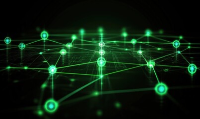 Poster - Digital network connections, glowing green nodes, interconnected lines, abstract technology background, futuristic design