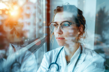 Poster - a double exposure image of a worker in laboratory generative ai