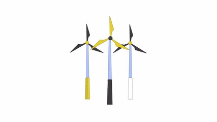 Poster - Sustainable wind turbines 2D object animation. Windmills wind power generation cartoon 4K video, alpha channel. Eco friendly electricity green energy technology animated flat item on white background