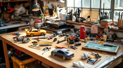 Poster - A detailed model car workshop with kits and assembly tools, featuring a meticulous workspace with model car kits, assembly tools