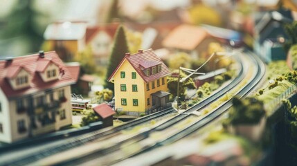 Aufkleber - A detailed model train setup in a miniature town, Tiny buildings and tracks meticulously placed, Vintage diorama style